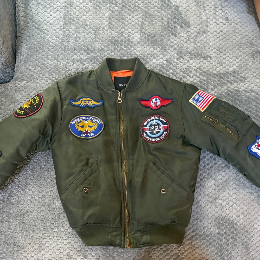 Kids Olive Green Bomber Jacket with Airplane Patches